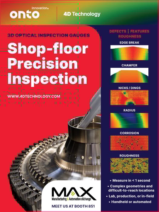 Ad for 4D Technology's 3D optical inspection gauges, showing defect detection & part inspection.