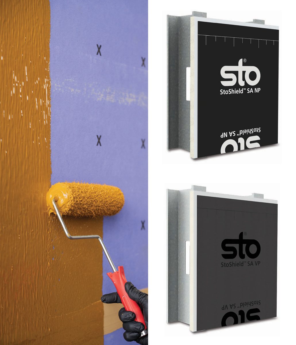 Applying StoShield liquid to a wall; product panels StoShield SA NP and SA VP are shown.