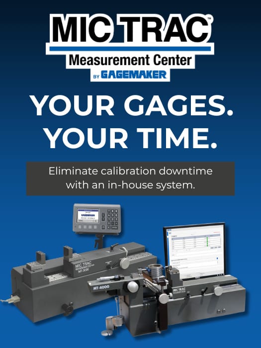 MIC TRAC Measurement Center ad featuring calibration equipment and computer, promoting in-house calibration for efficiency.