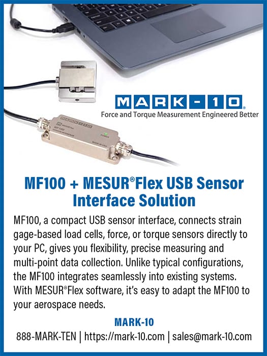 MARK-10 MF100 USB sensor interface connected to laptop for force and torque measurement.