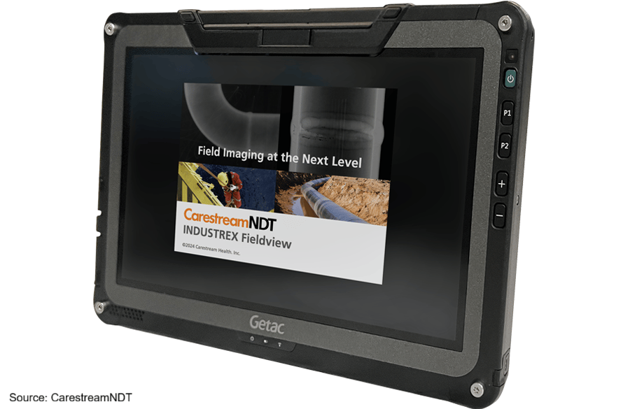 Rugged Getac tablet displaying "CarestreamNDT INDUSTREX Fieldview" for field imaging.