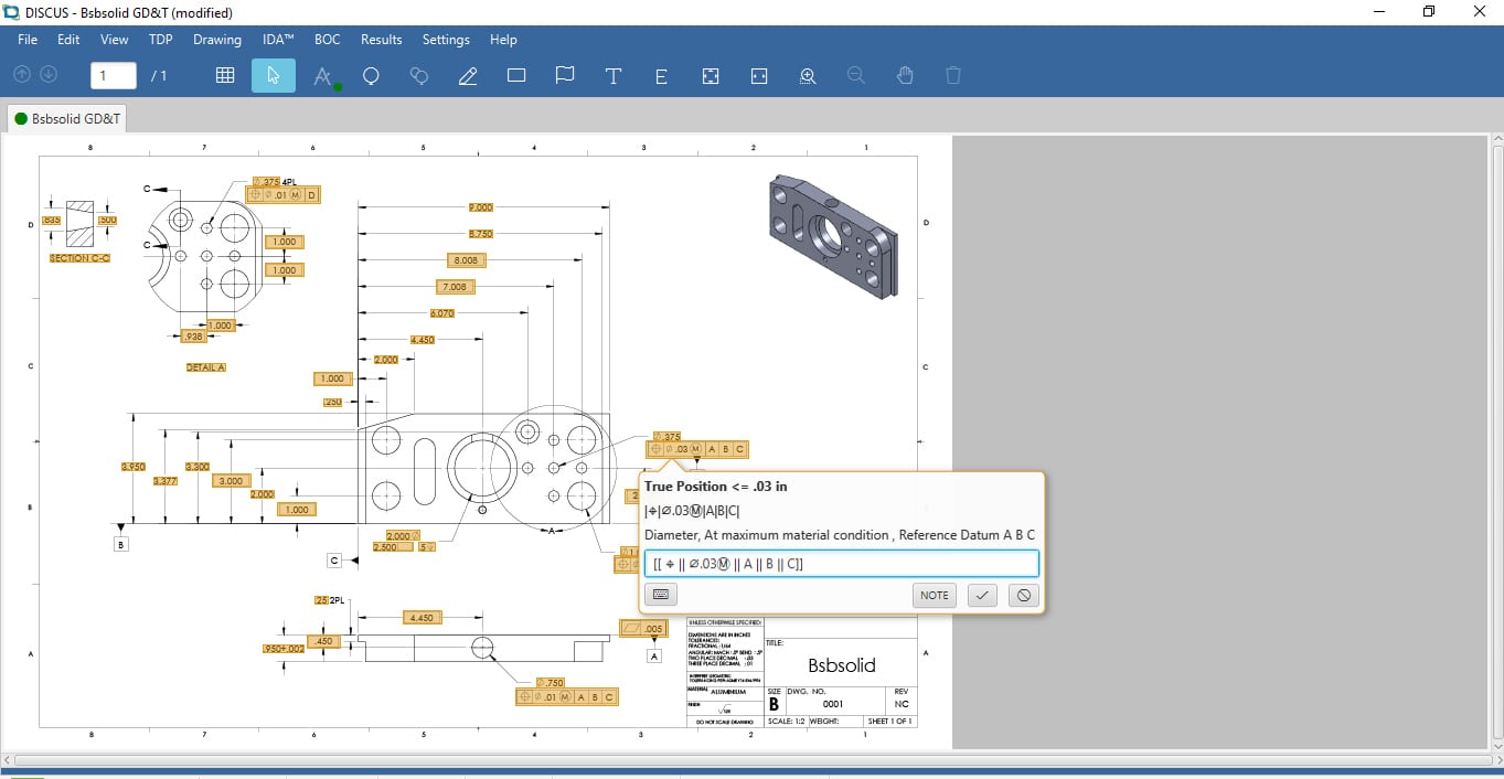 GD&T CAD drawing of a mechanical part with a True Position tolerance pop-up window.