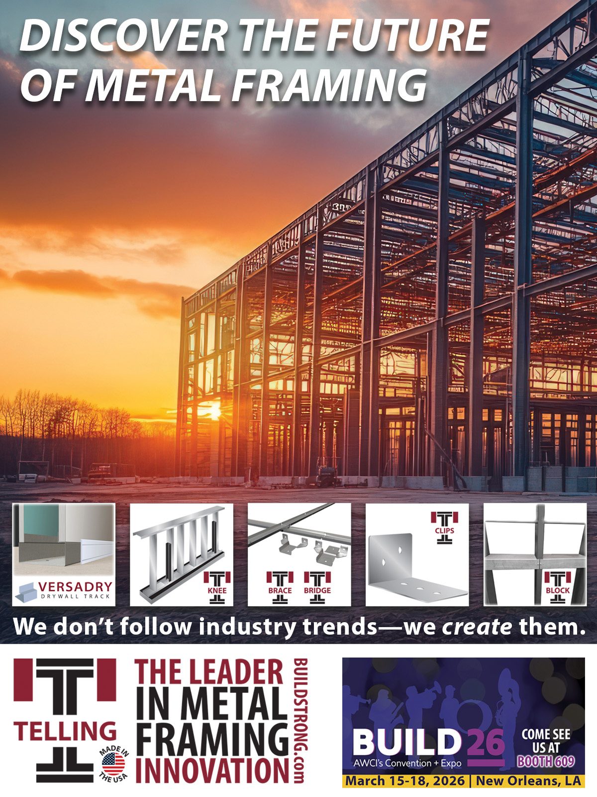 Ad for metal framing products and innovation, featuring a large structure and promoting the Build 26 expo.