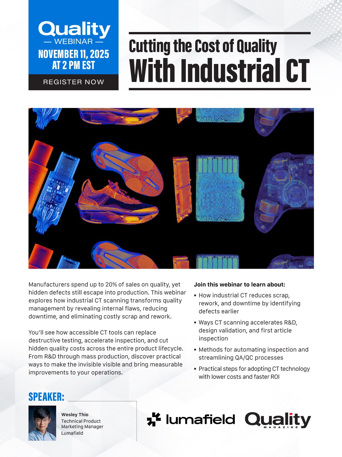 Webinar ad: "Cutting the Cost of Quality With Industrial CT." Features colorful X-ray scans of products.