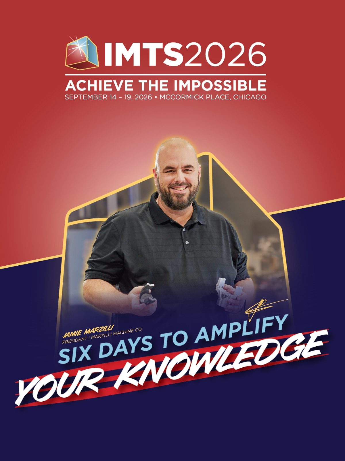 IMTS 2026 event poster featuring Jamie Marzilli, promoting the "Achieve the Impossible" theme.
