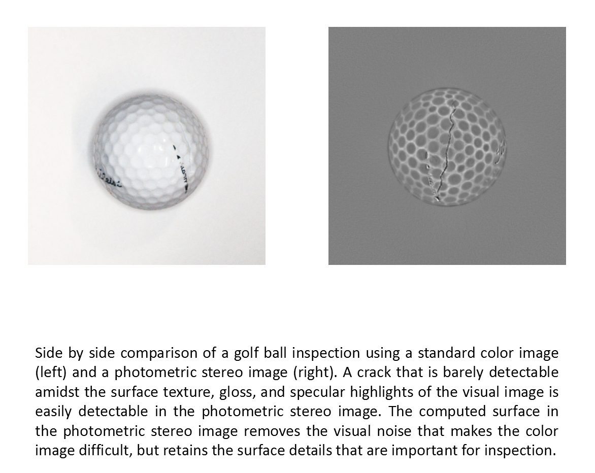 Side-by-side comparison of a golf ball inspection using a standard color image (left) and a photometric stereo image (right). 