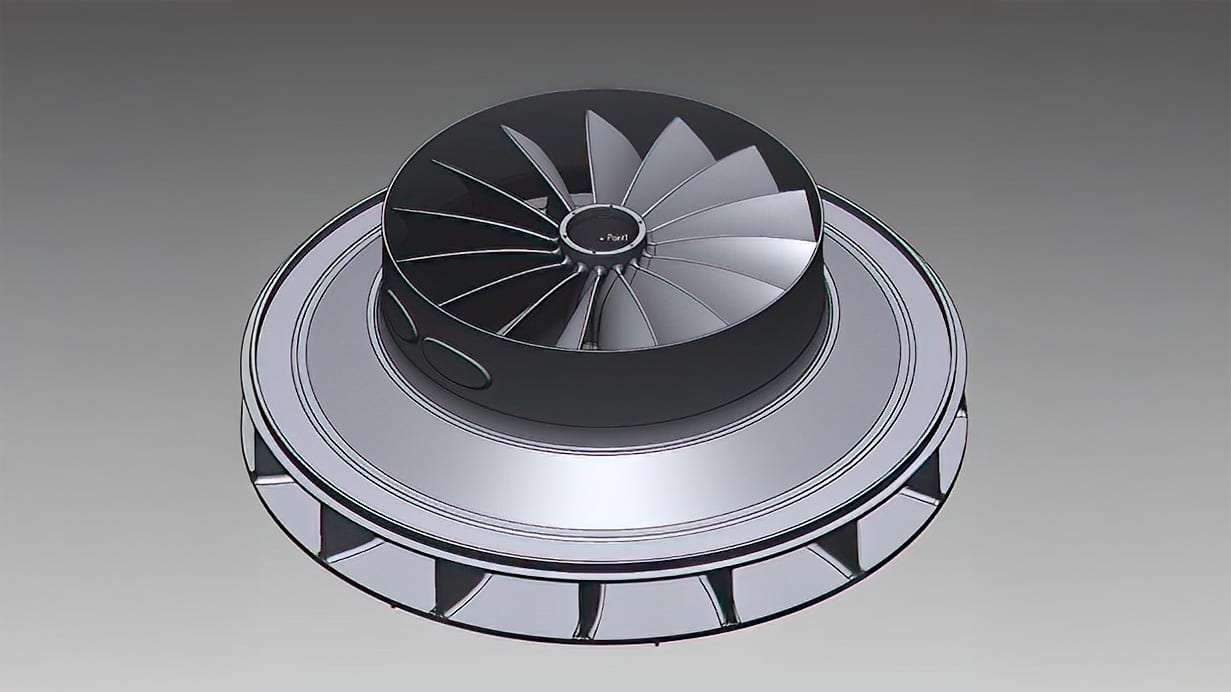 3D CAD model of a multi-bladed turbocharger or compressor wheel.