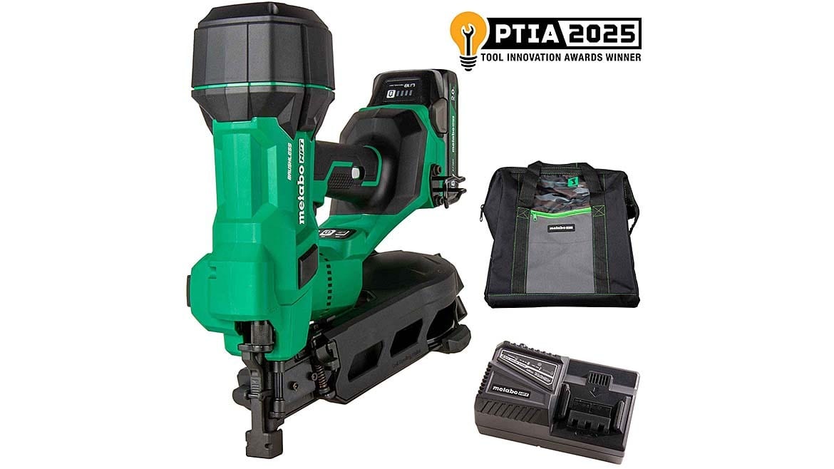 Award-winning Metabo HPT cordless nailer kit with battery, charger, and bag.