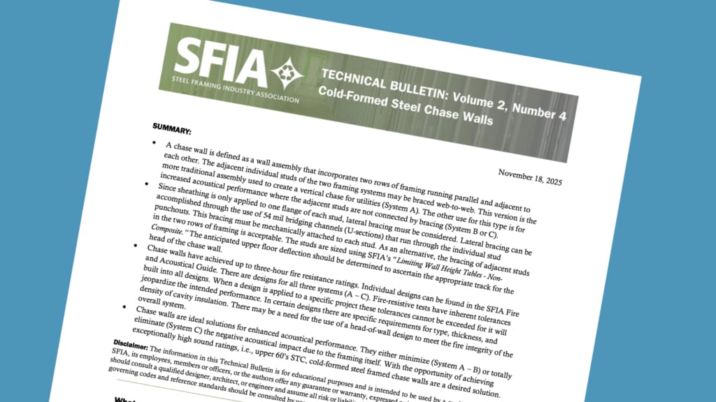 A technical bulletin from SFIA about cold-formed steel chase walls, including summary details and date.