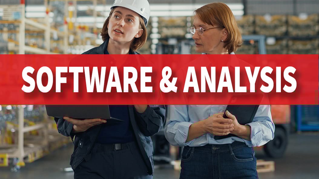 Two women in a warehouse holding devices, text overlay "SOFTWARE & ANALYSIS".
