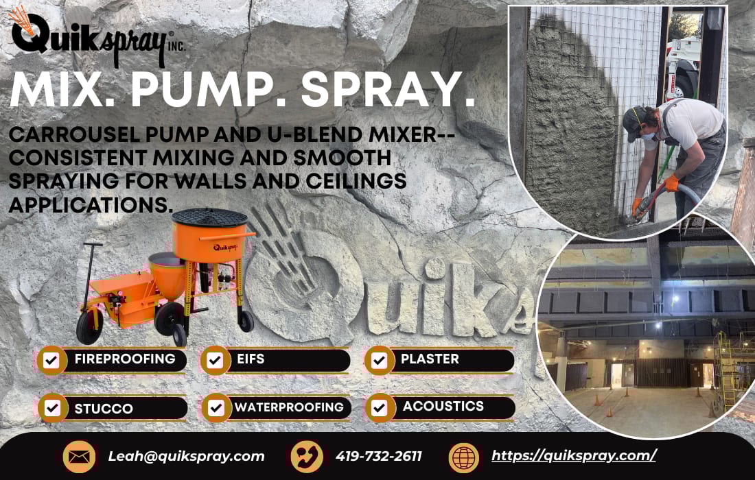 Quikspray mixer and pump for consistent wall and ceiling spraying applications.