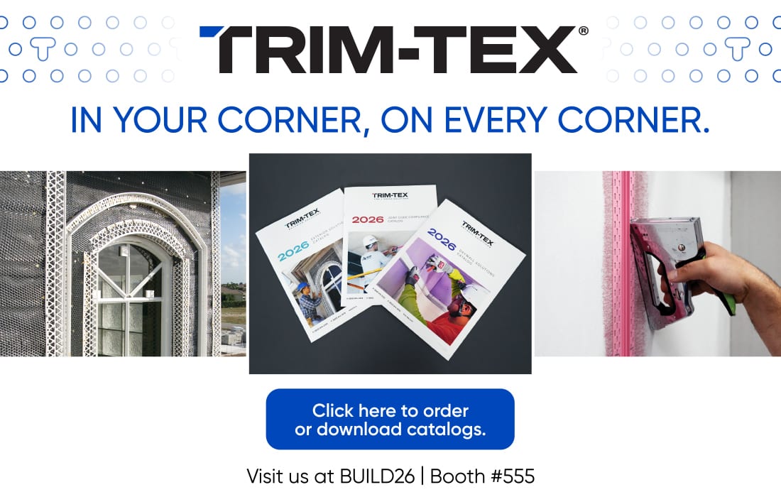 An ad for TRIM-TEX building products, showcasing various trim applications, product catalogs, and event info.