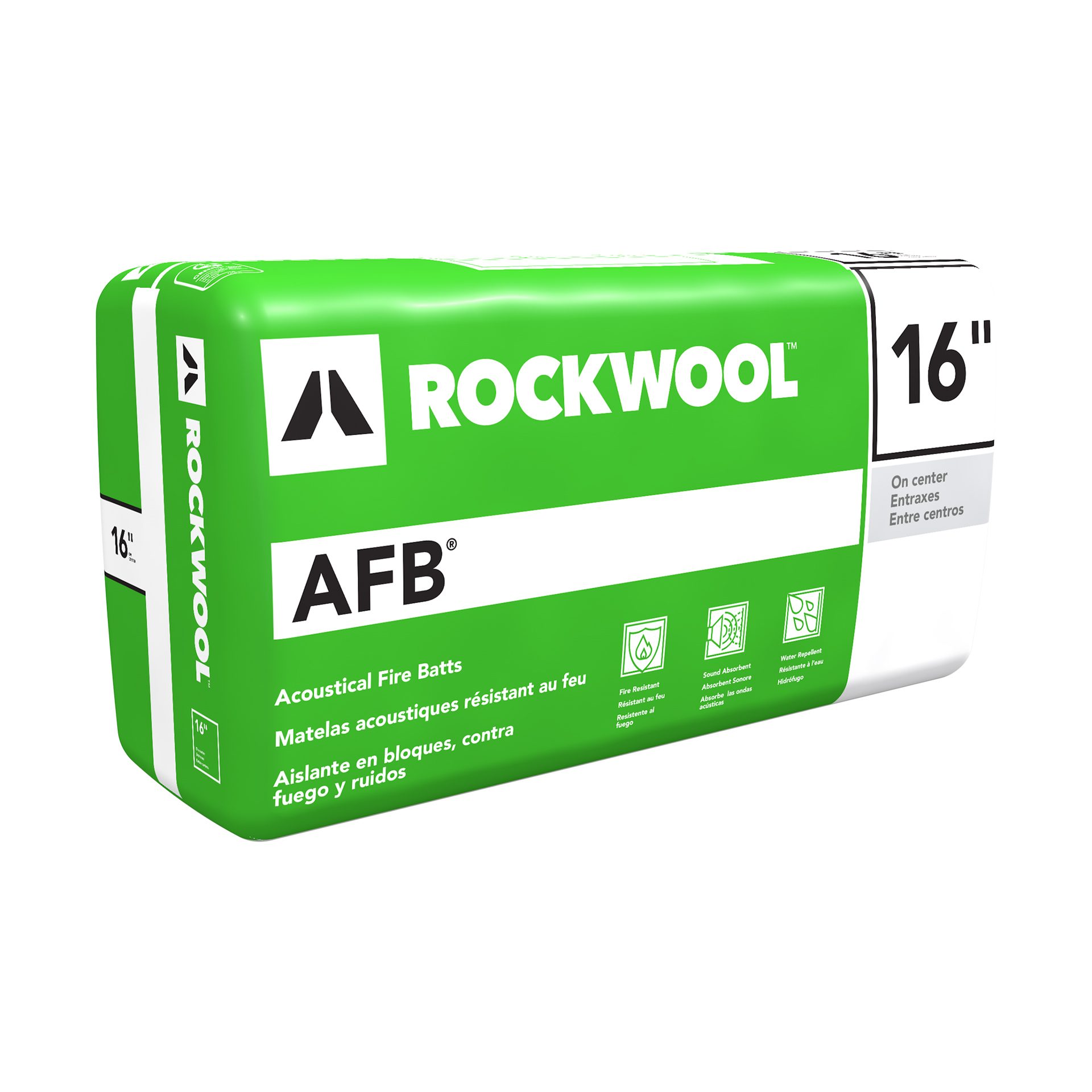 Green Rockwool AFB 16" insulation package. Fire, sound absorbent, and water repellent.