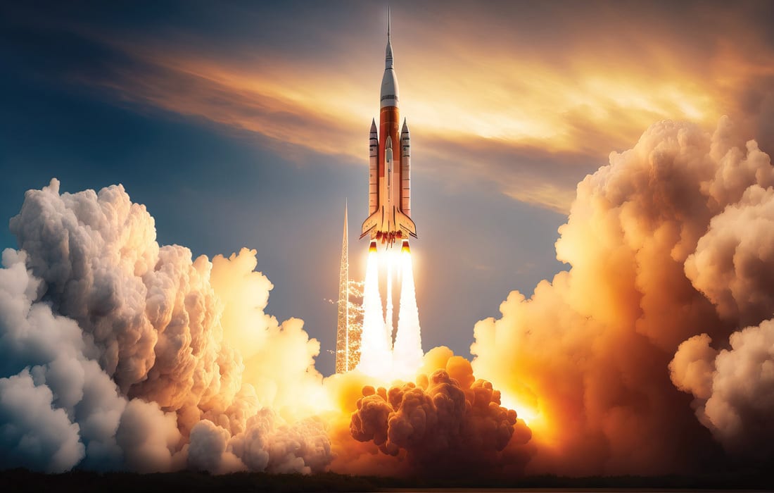 A powerful rocket launch, a space shuttle ascending amidst fiery orange and white exhaust clouds at sunset.
