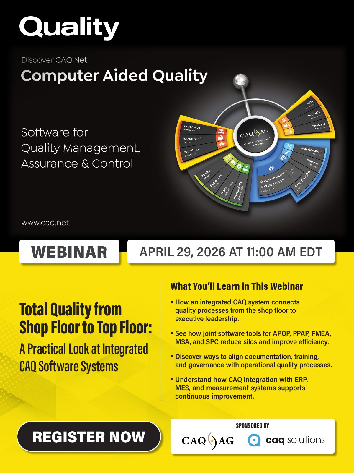 Webinar ad for CAQ software systems, covering quality management, assurance, and control processes.