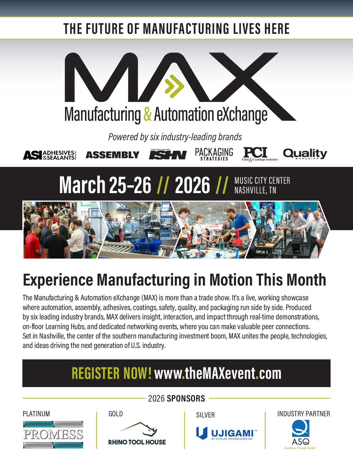 Event details for MAX: Manufacturing & Automation eXchange, March 25-26, 2026, Nashville, TN.