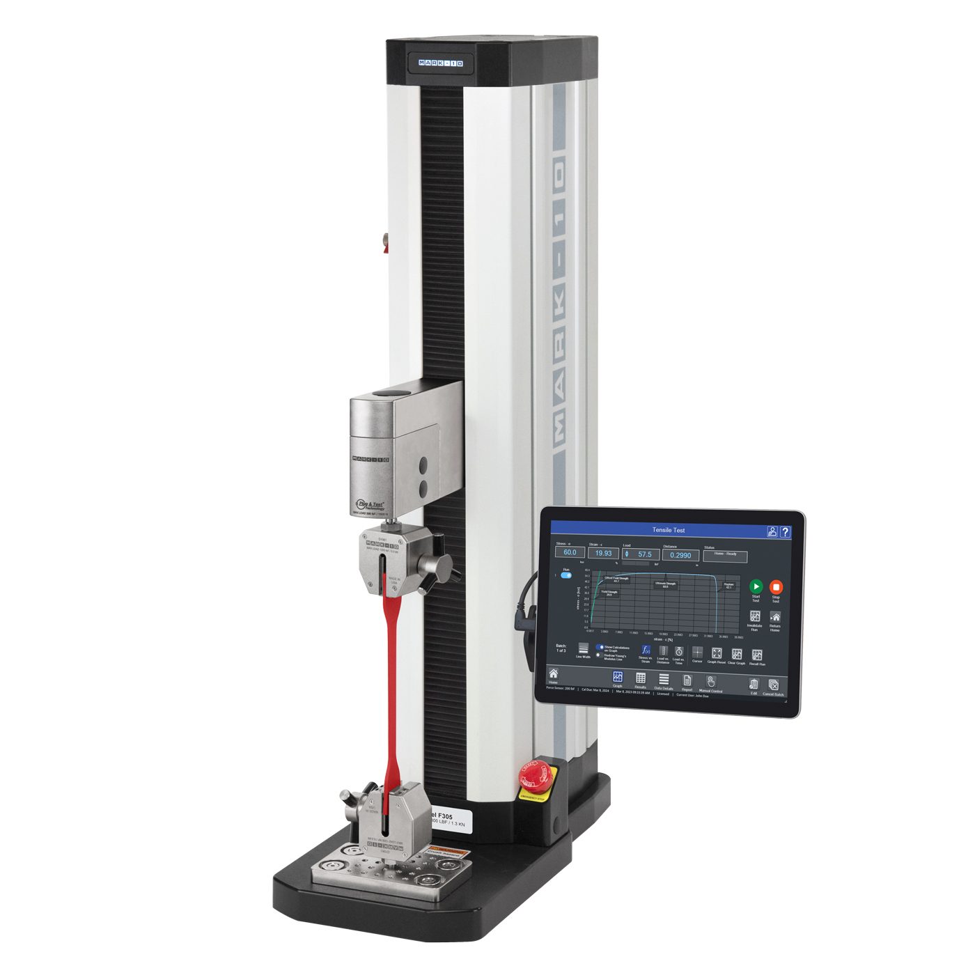 MARK-10 tensile testing machine stretching a red sample, with a screen showing test data.