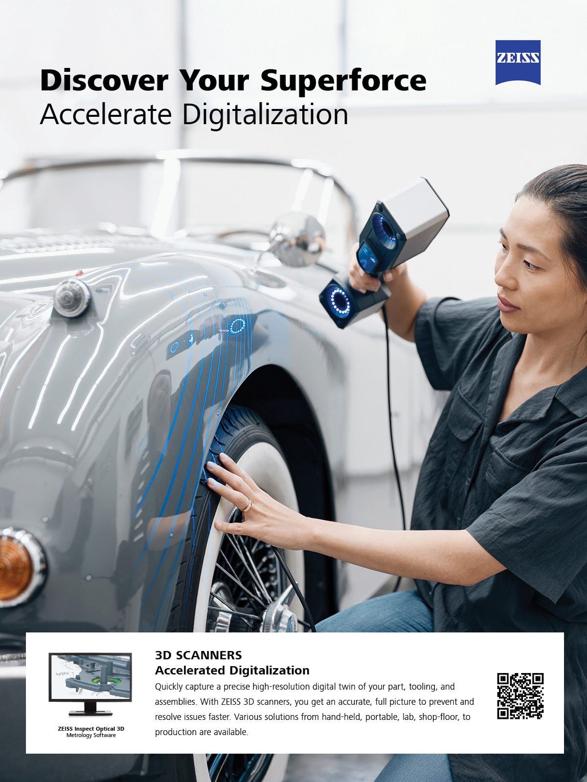 Woman uses ZEISS 3D scanner on vintage car, accelerating digitalization.