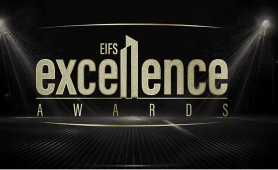 Golden "EIFS Excellence Awards" text on a black background with spotlights, conveying prestige.
