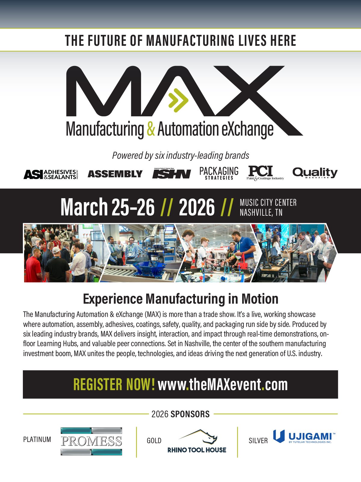 MAX Manufacturing & Automation eXchange 2026 event poster: March 25-26, Nashville, TN.