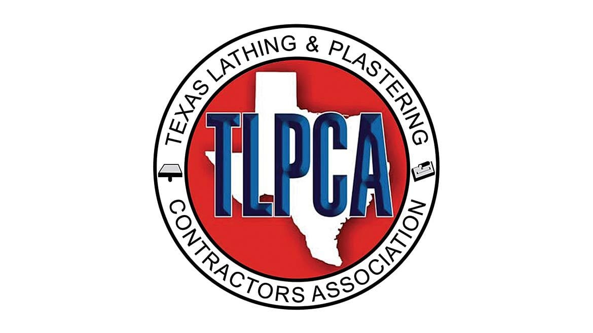 Texas Lathing & Plastering Contractors Association (TLPCA) logo with Texas map, red circle, and tool icons.