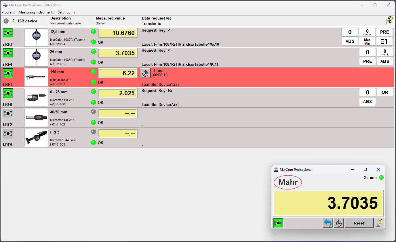 MarCom Professional software displaying measurement data from multiple instruments, with a pop-up showing 3.7035.