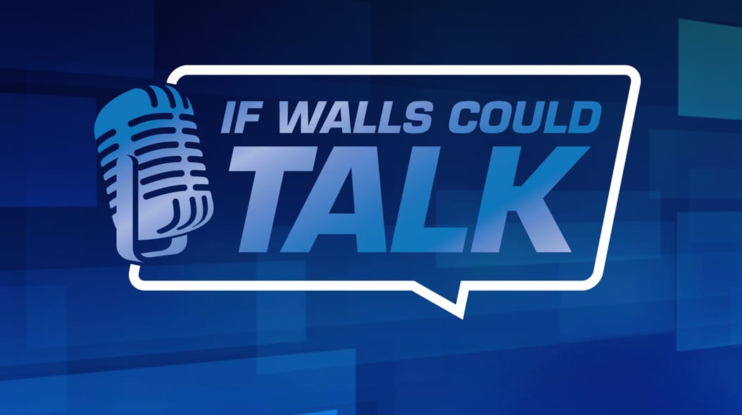 Logo for 'If Walls Could Talk' podcast featuring a blue microphone and title text within a speech bubble.