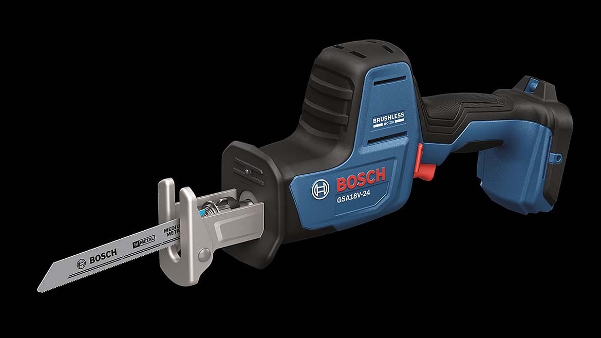 Blue and black Bosch GSA18V-24 cordless reciprocating saw with a blade.
