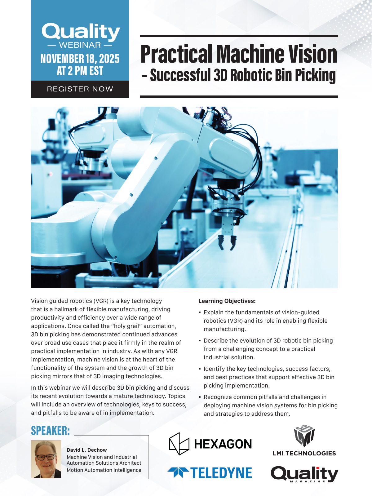 Webinar ad: Practical Machine Vision - Successful 3D Robotic Bin Picking, Nov 18, 2025, 2 PM EST.