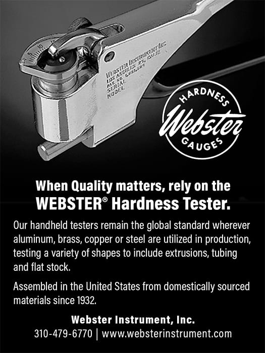 A chrome Webster Hardness Tester with an ad promoting its quality, use, and US assembly.