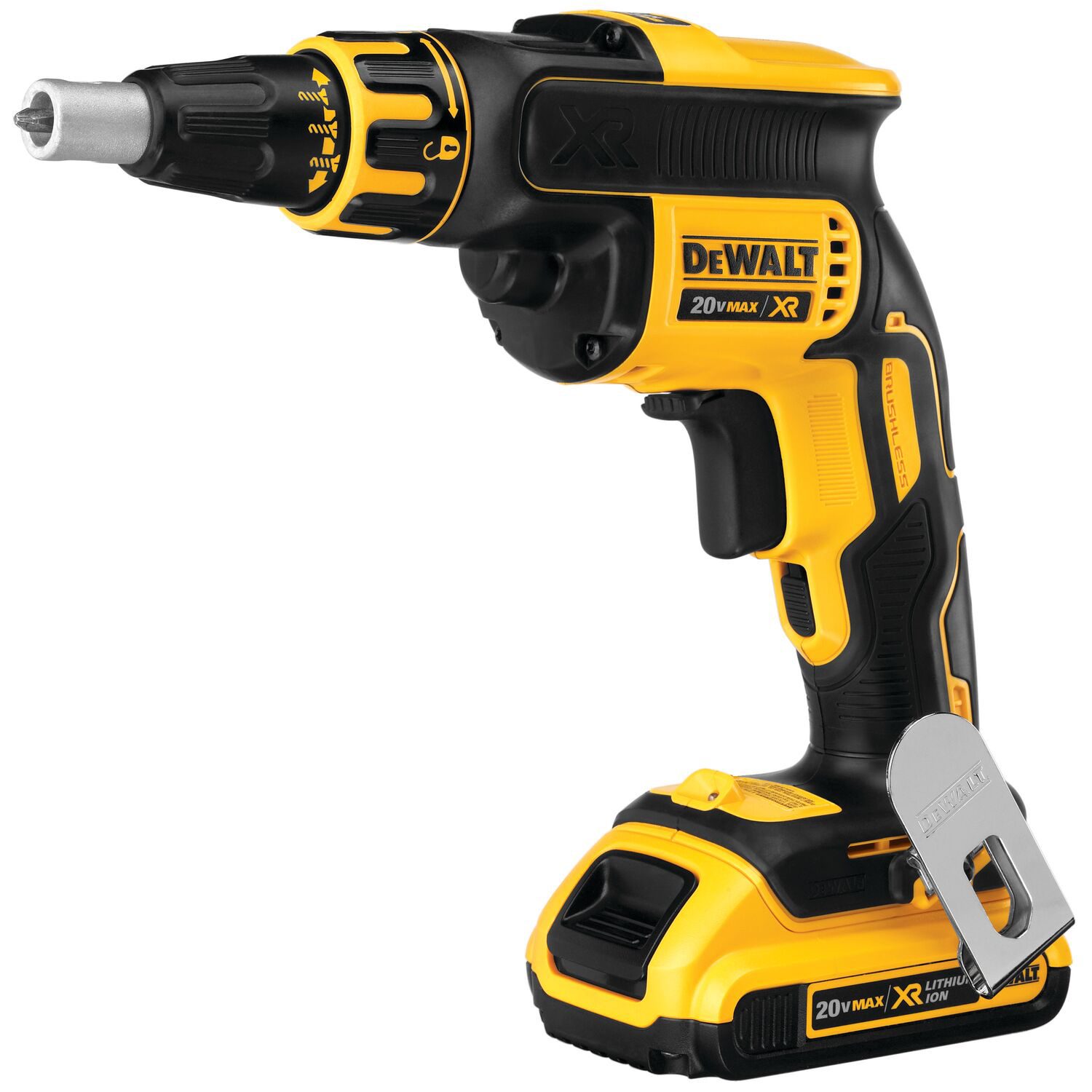 DeWalt 20V MAX XR brushless screwdriver with a battery and belt clip on a white background.