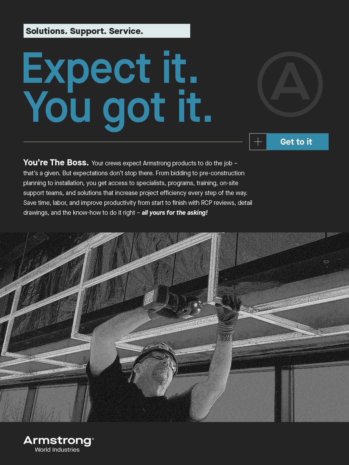 Armstrong ad: Worker installs ceiling. Text: 'Expect it. You got it.' Solutions, Support, Service.