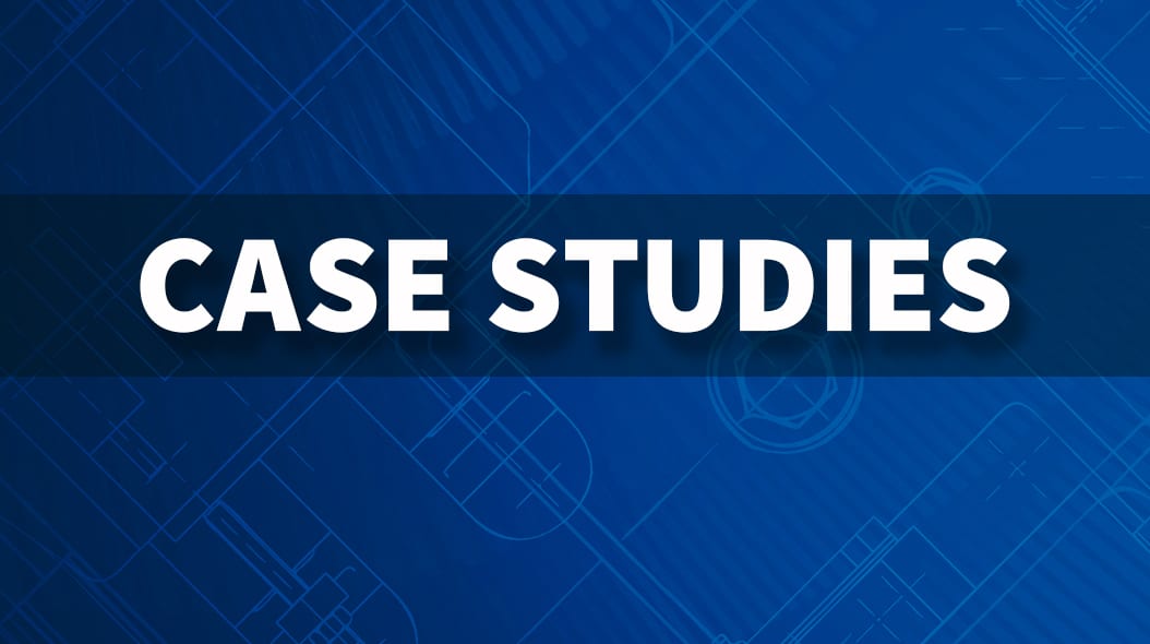 Text "CASE STUDIES" in white on a blue background with faint blueprint graphics.