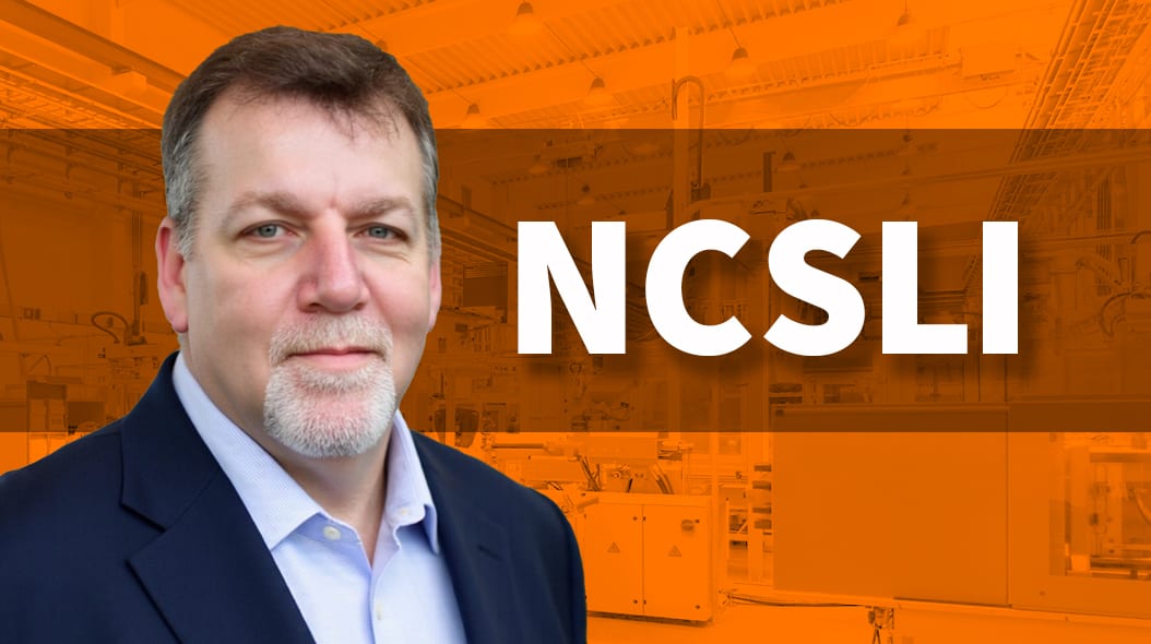 Man with beard in suit jacket, NCSLI text over orange industrial background.