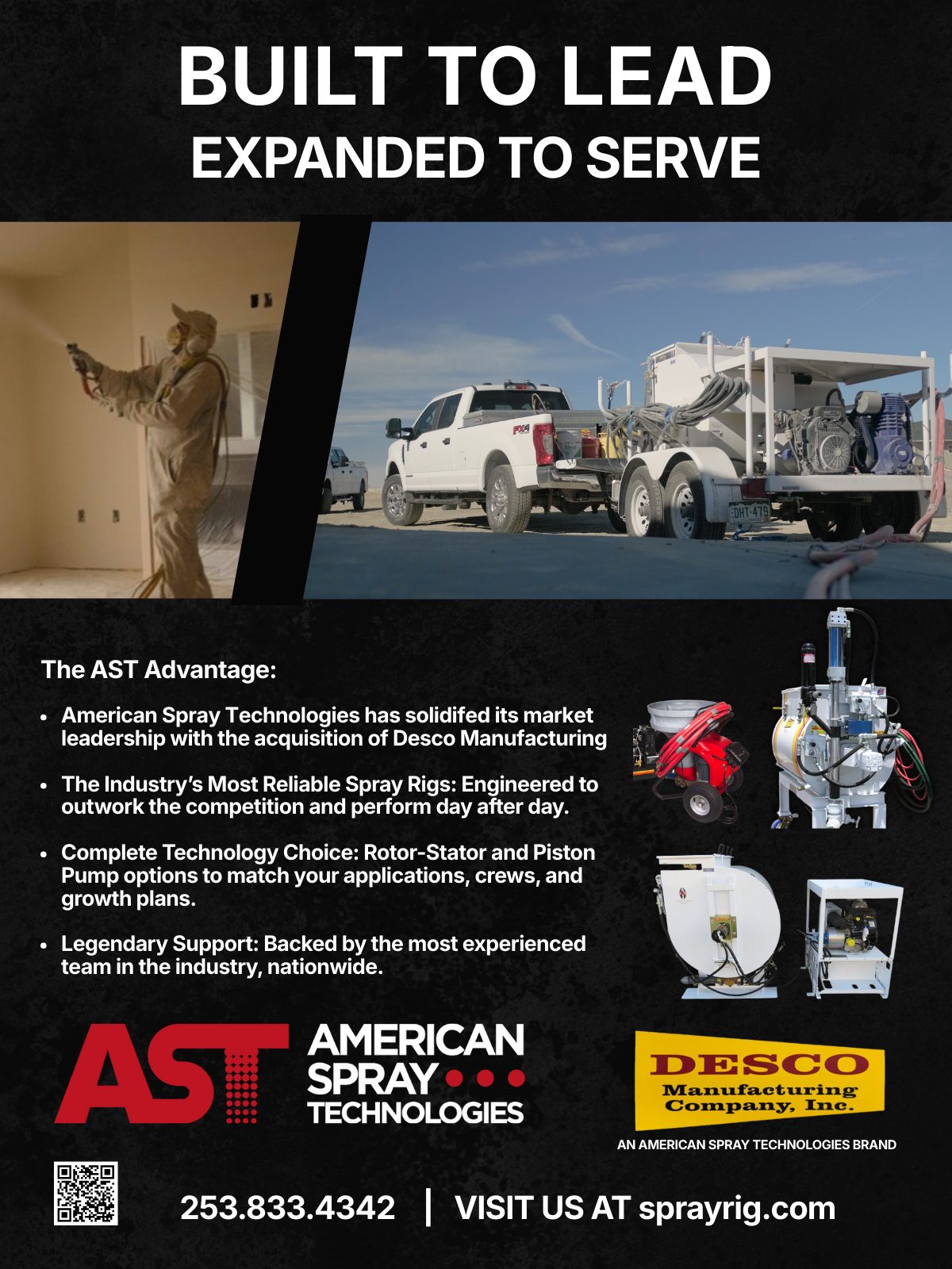 Ad for American Spray Technologies & Desco Manufacturing, featuring spray rigs, equipment, and company benefits.