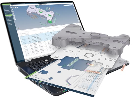 Laptop with CAD software, 3D model, and 2D engineering drawings for product design and analysis.