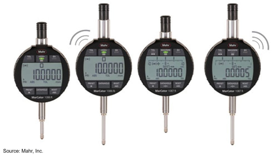 Four Mahr MarCator digital dial indicators, two with wireless symbols.