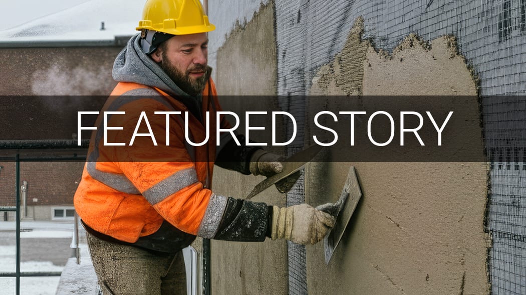 Construction worker in a hard hat and high-vis jacket applies plaster to a wall with trowels.