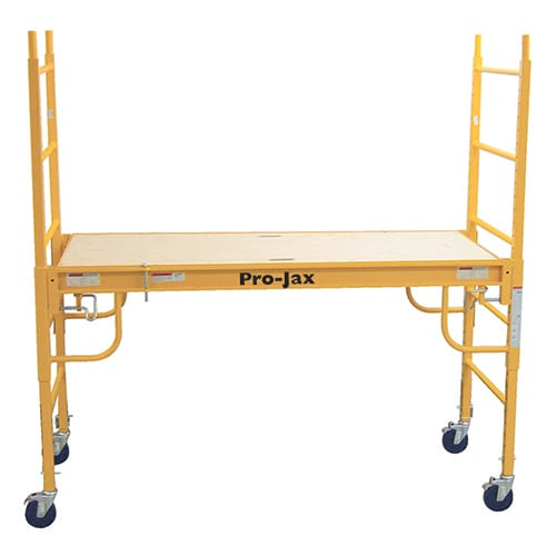 Yellow Pro-Jax rolling scaffold with wooden platform.