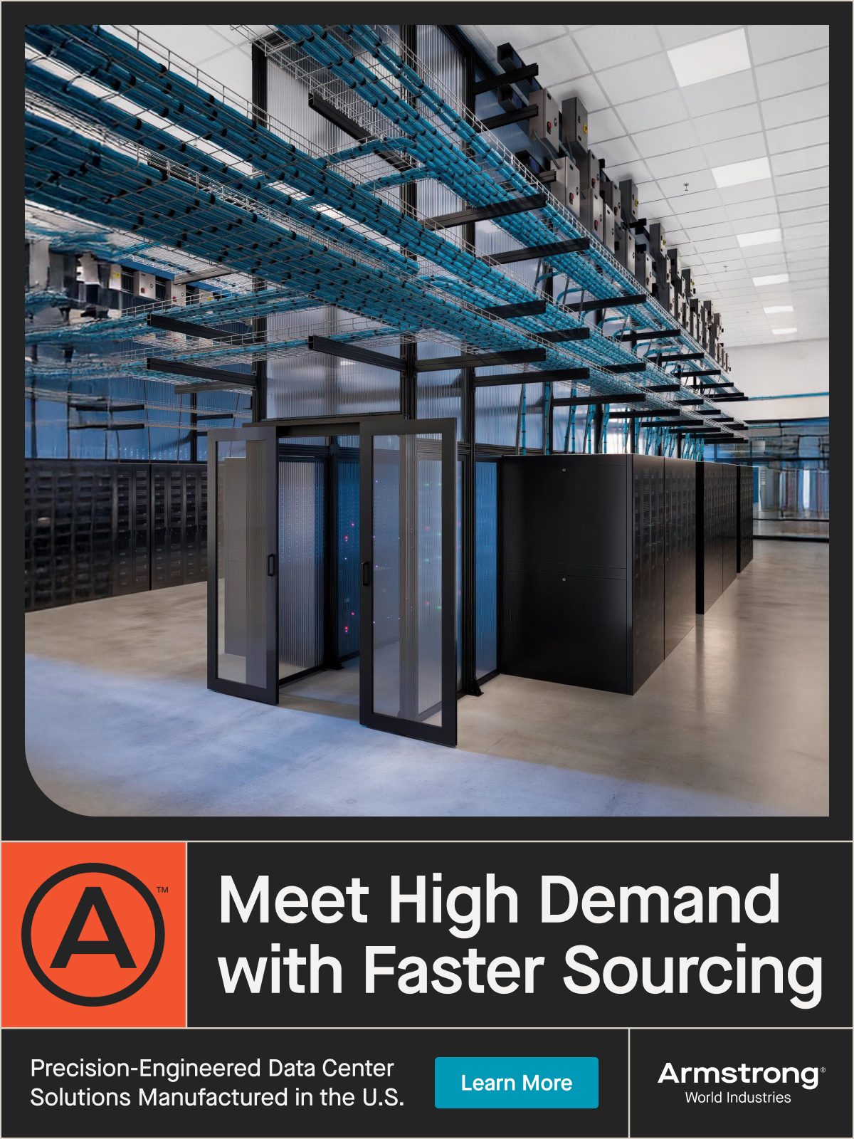 Armstrong data center with server racks, cooling containment, and cable trays.