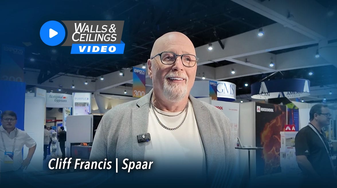 Cliff Francis of Spaar at a "Walls & Ceilings" trade show, with video overlay.