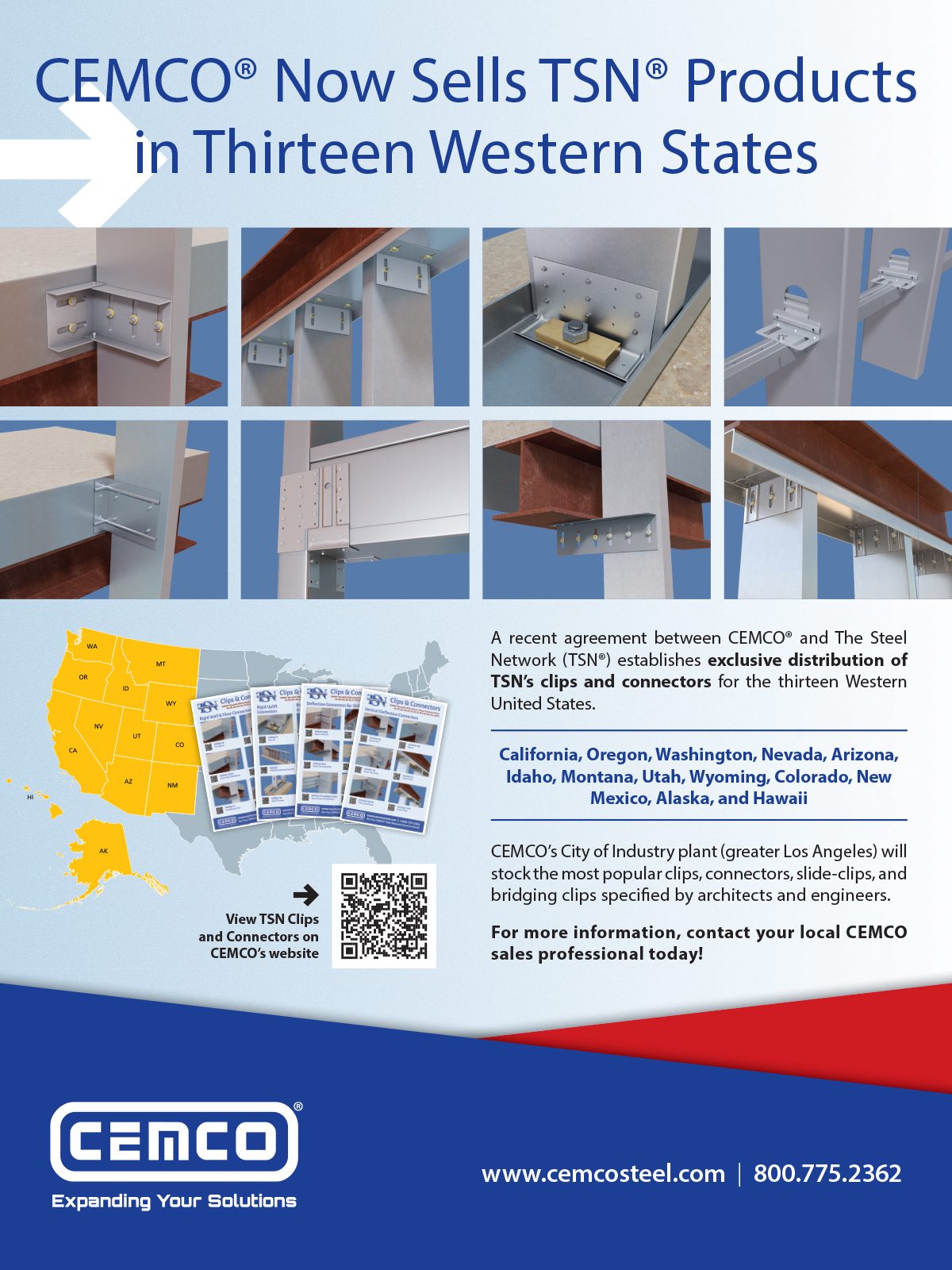 CEMCO ad: TSN clips & connectors sold in 13 Western states. Product photos and US map.
