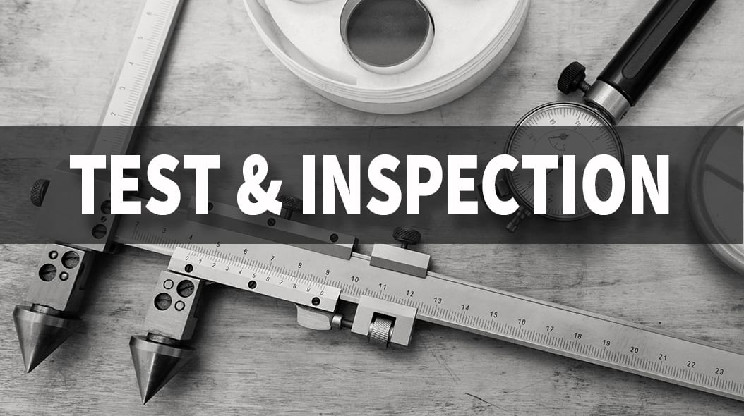 Monochrome image of precision measuring tools with "TEST & INSPECTION" text overlay.