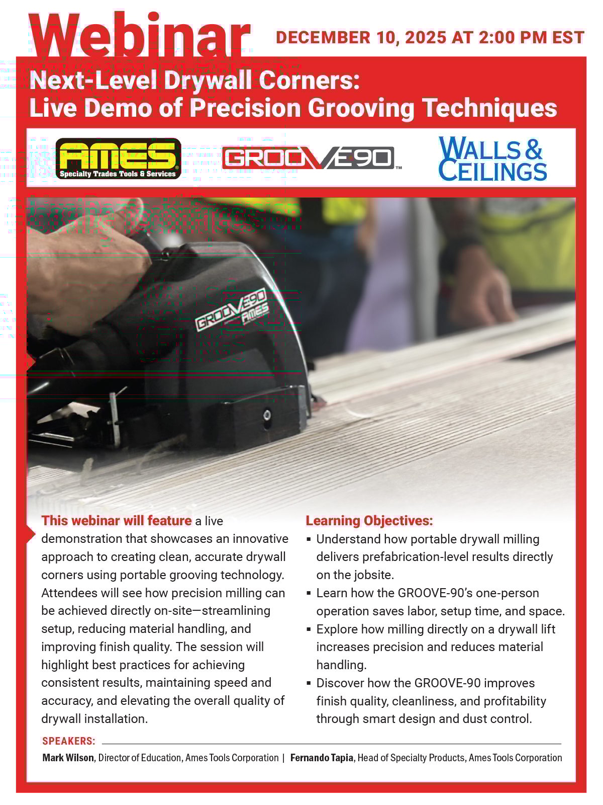 Webinar flyer: Precision grooving drywall corners with GROOVE-90 tool demo.