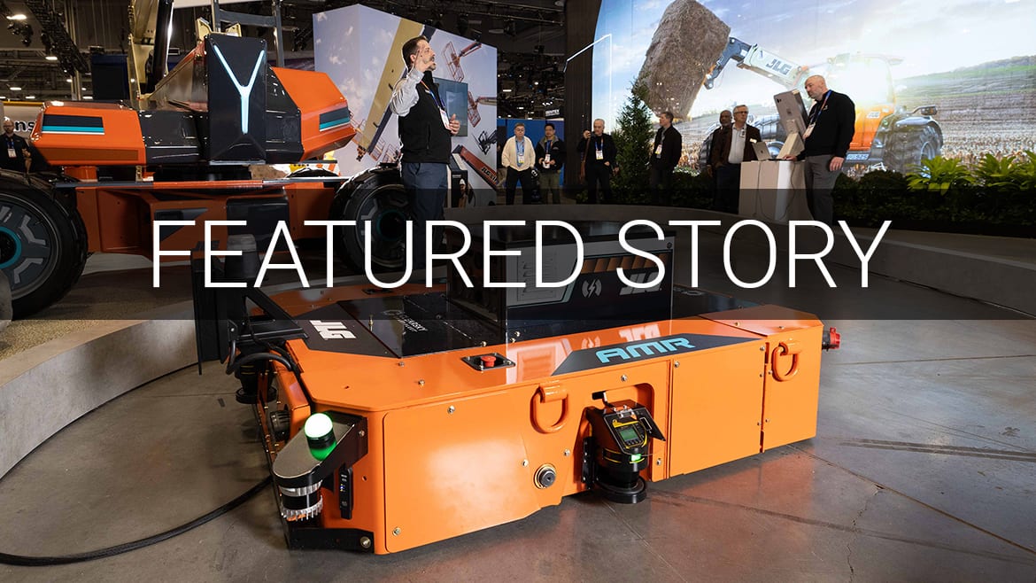 Orange AMR and heavy equipment at a trade show with 'FEATURED STORY' text overlay.