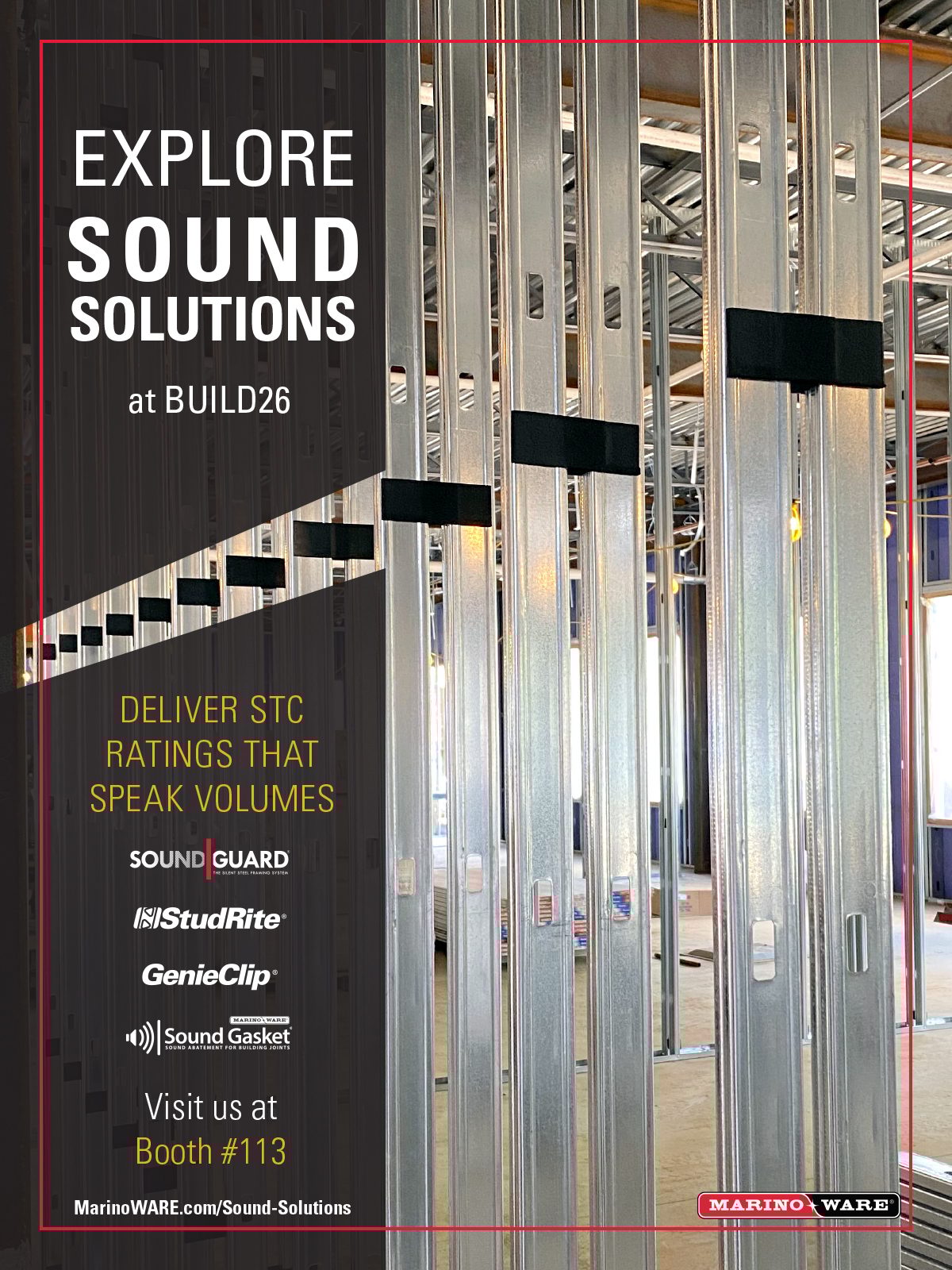 Ad for MarinoWARE sound solutions with metal studs, highlighting STC ratings and products for BUILD26.