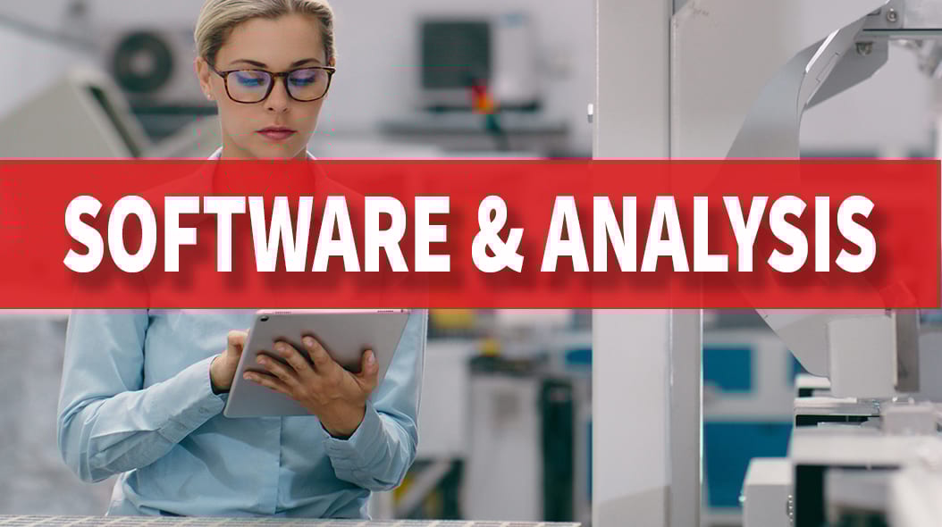 Red banner with "SOFTWARE & ANALYSIS" text over a woman using a tablet in a technical environment.