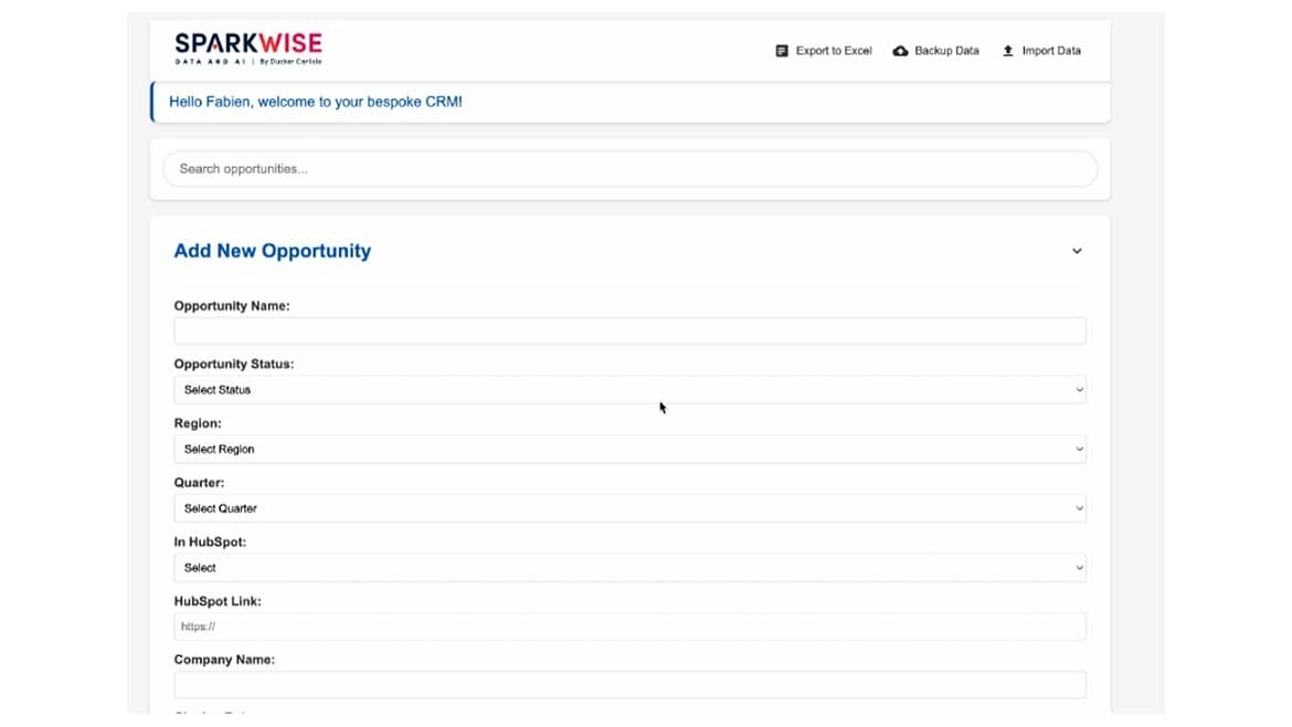Sparkwise CRM form for "Add New Opportunity" with fields for name, status, region, and HubSpot info.