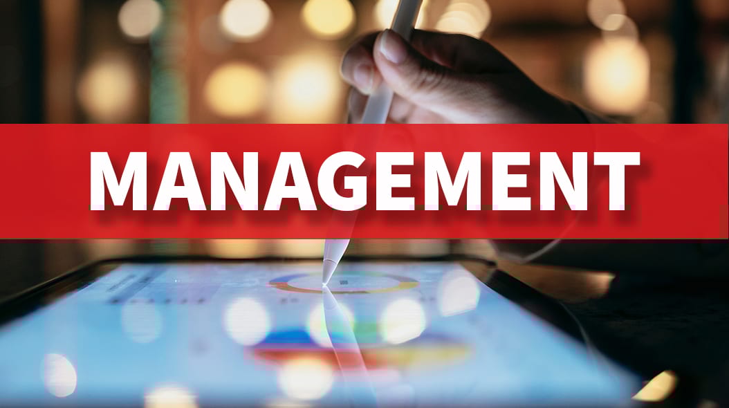 Red banner with "MANAGEMENT" over a hand using a stylus on a tablet displaying charts.