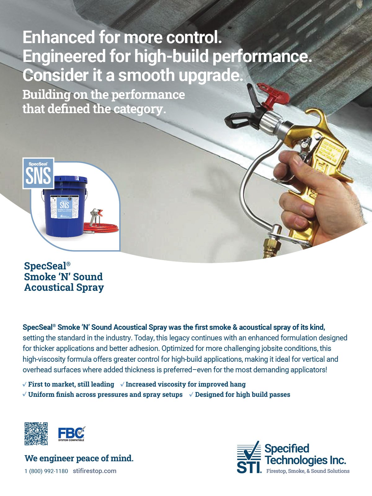 Ad for SpecSeal Smoke 'N' Sound Acoustical Spray, featuring product bucket, spray gun, and performance.